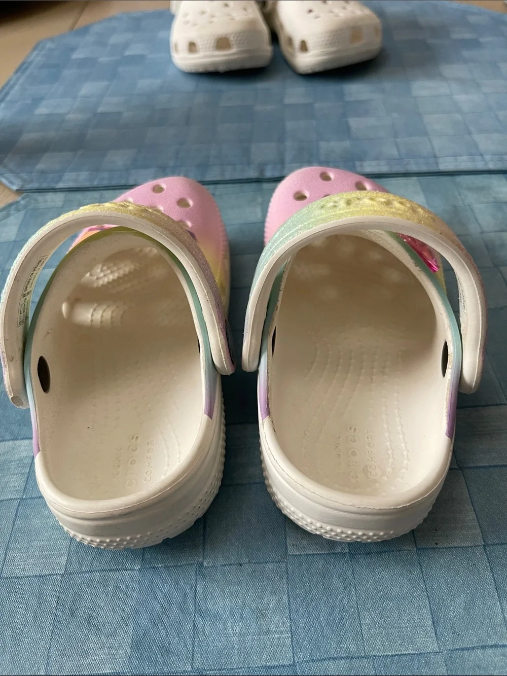 CROCS Kids Pastel Rainbow Clogs with Glitter & Charms - Pink, Yellow, Green